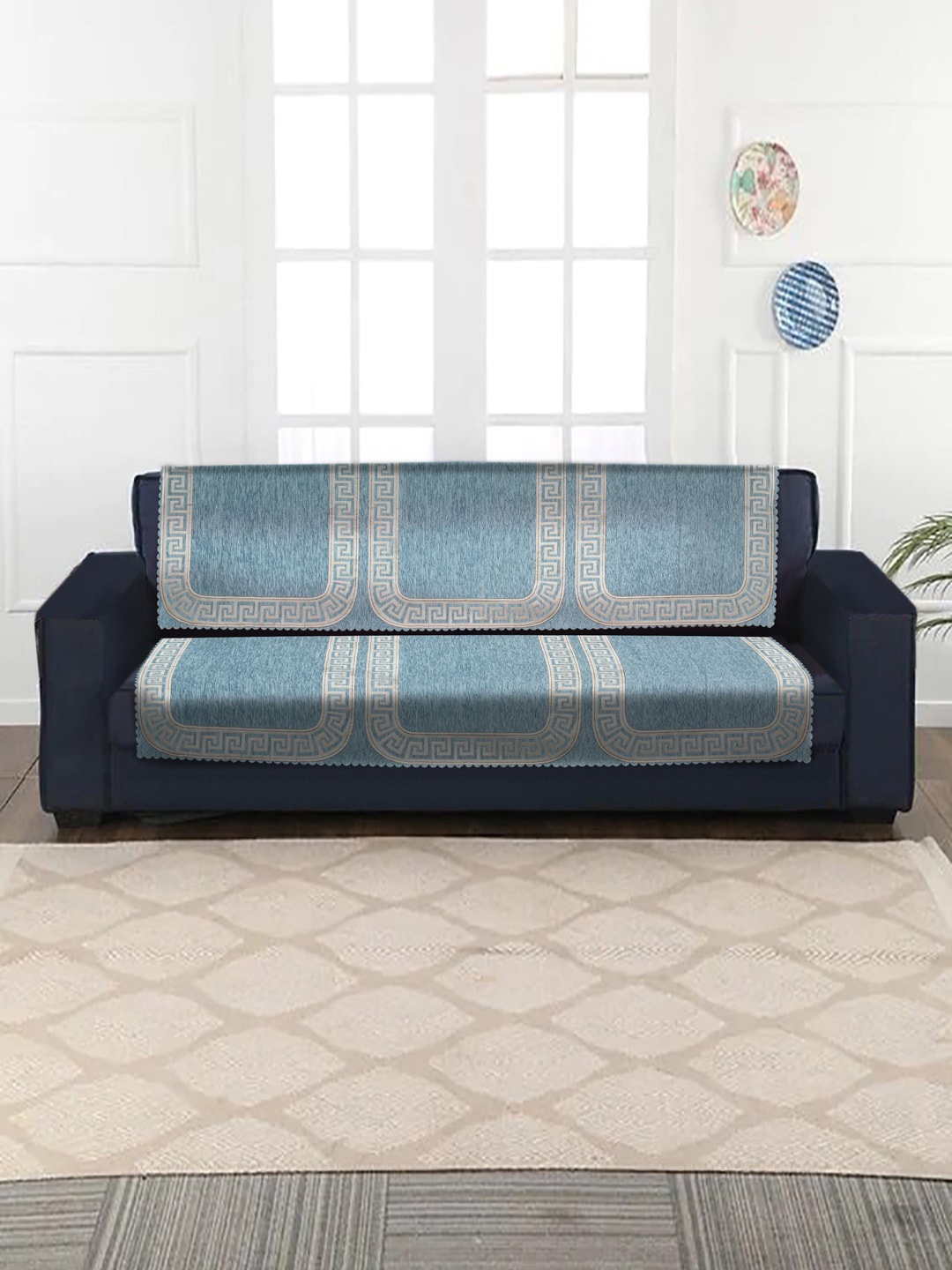 

HOSTA HOMES Multicolour Jacquard Velvet 5 Seater Sofa Cover, Blue