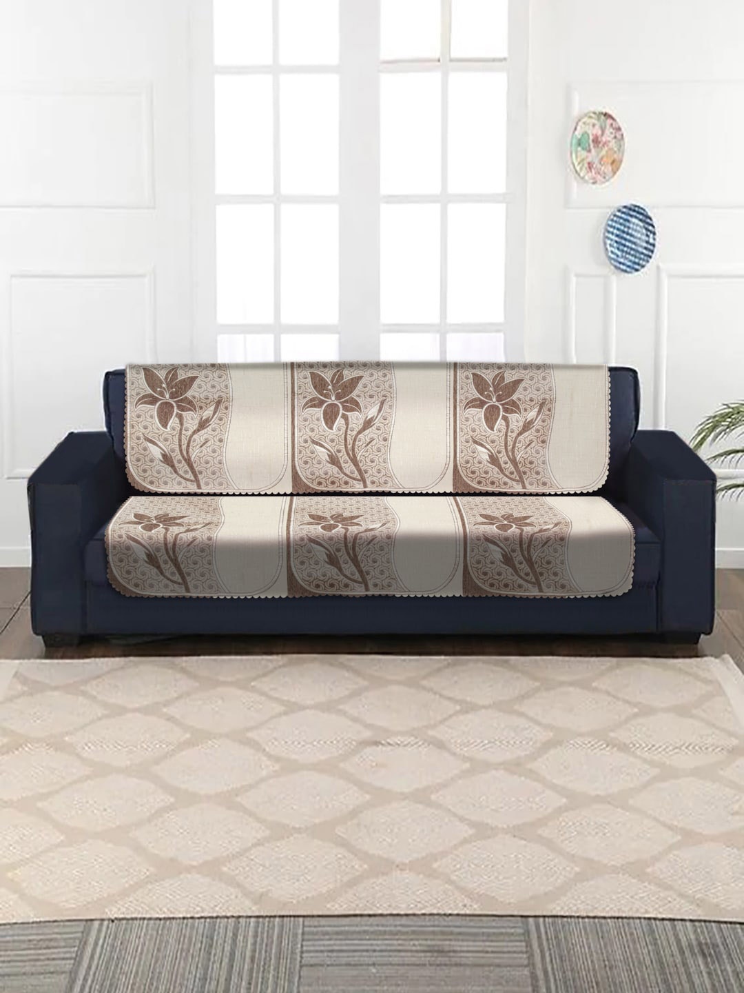 

HOSTA HOMES Cream-Coloured & Beige Floral Woven Design 5 Seater Jacquard Sofa Cover Set