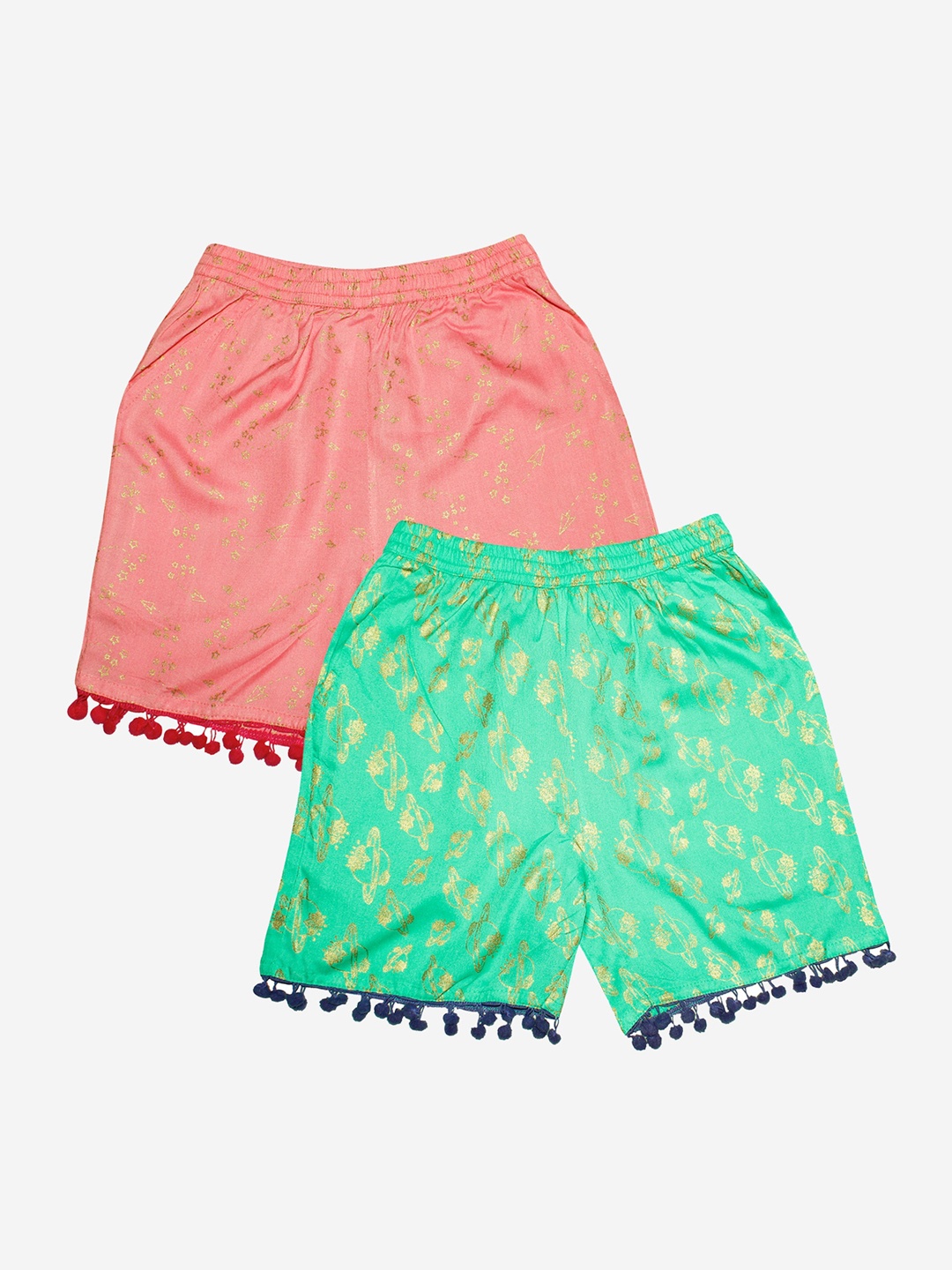 

KiddoPanti Girls Pack Of 2 Peach-Coloured & Green Conversational Printed Shorts