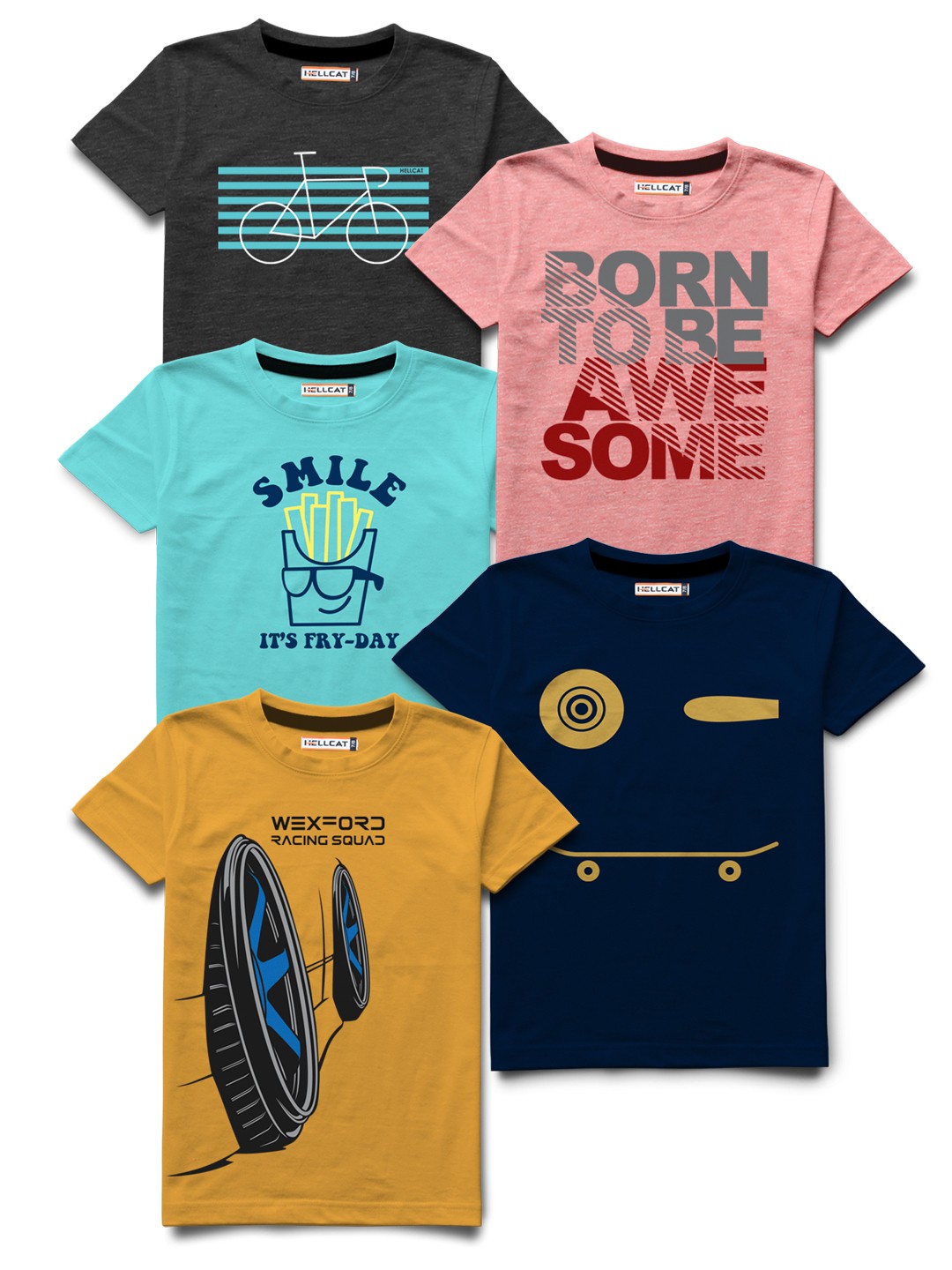 

HELLCAT Boys Pack Of 5 Typography Printed Bio Finish Cotton T-shirt, Yellow