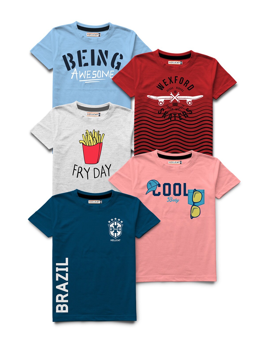 

HELLCAT Boys Pack of 5 Printed Bio Finish Regular Fit T-shirt, Red