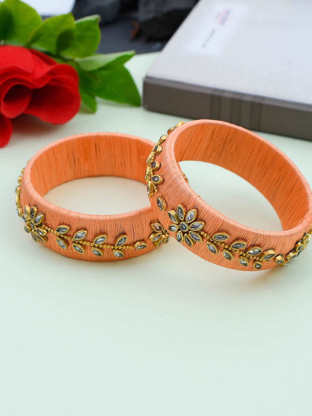 

Silvermerc Designs Set of 2 Peach & Stone Studded Handcrafted Bangles