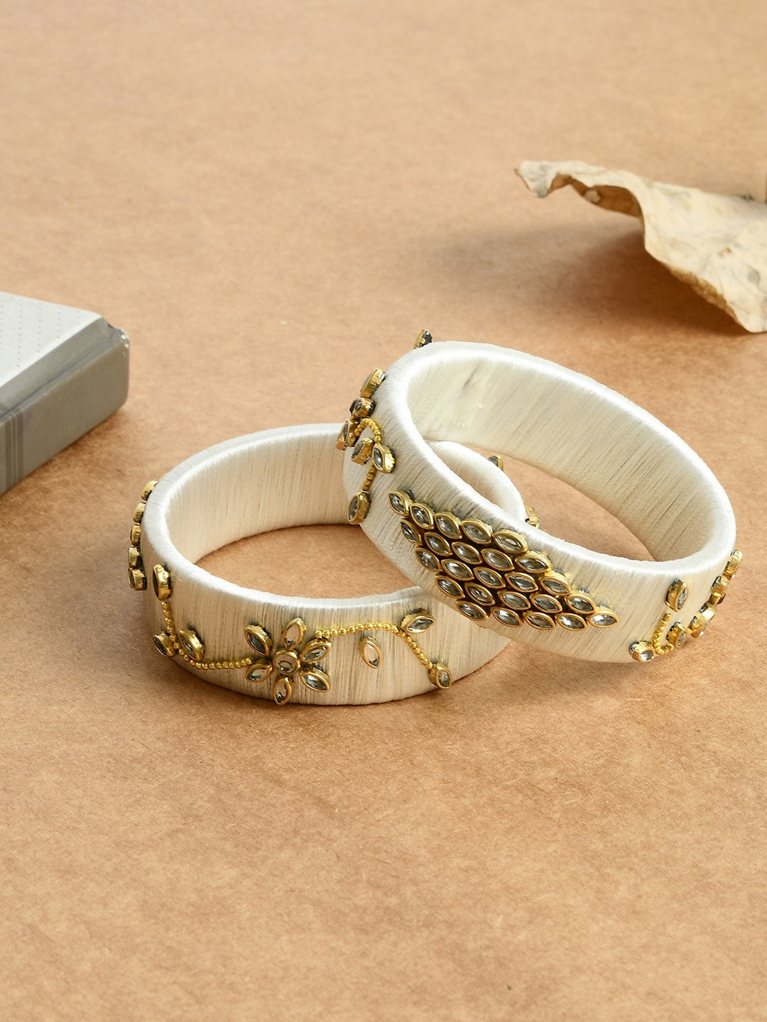 

Silvermerc Designs Set Of 2 Gold-Plated White Kundan Stone-Studded Bangles