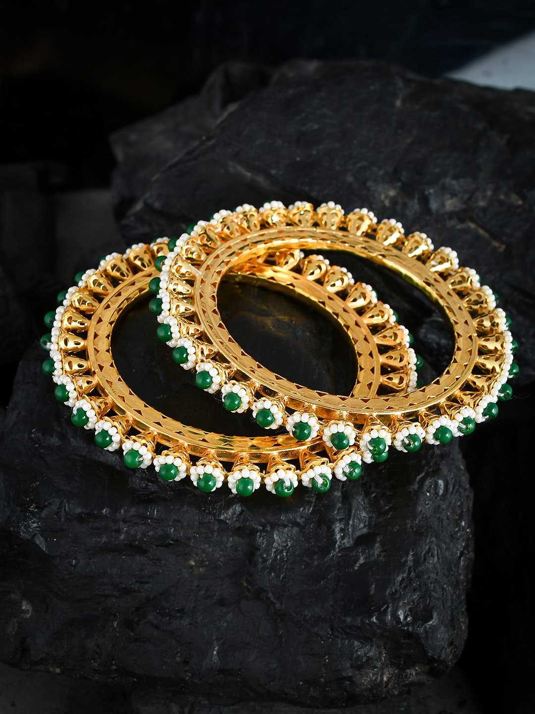 

Silvermerc Designs Set of 2 Gold-Plated Green Beaded Bangles