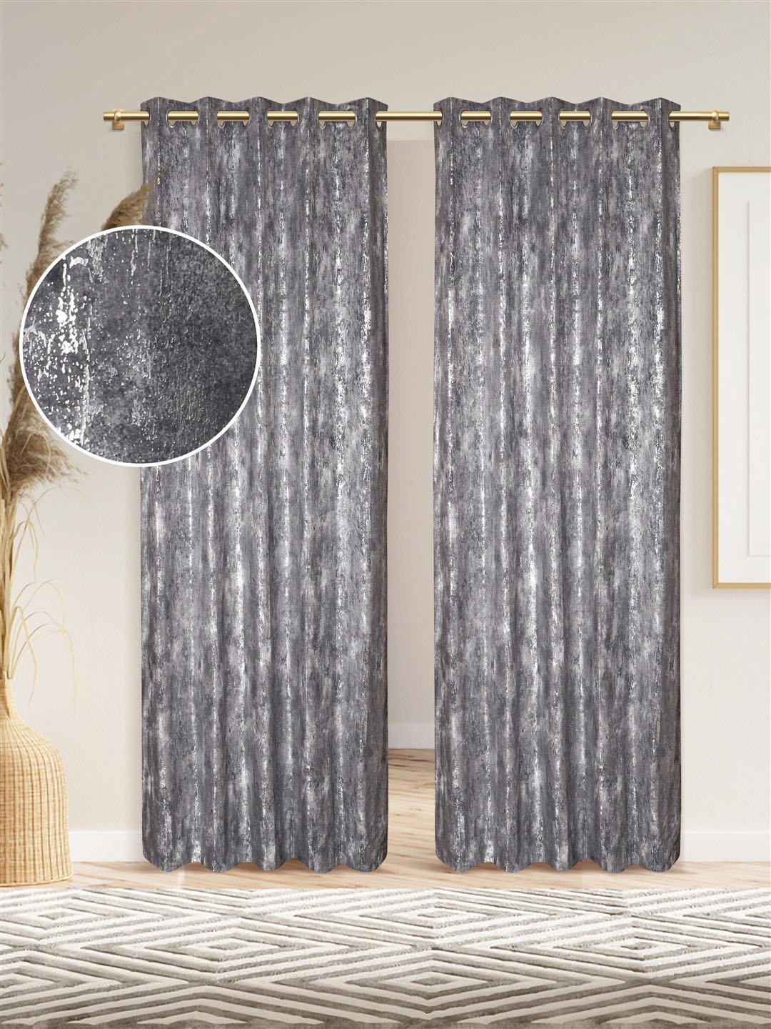 

DREAM WEAVERZ Grey & Silver-Toned Set of 2 Room Darkening Door Curtain
