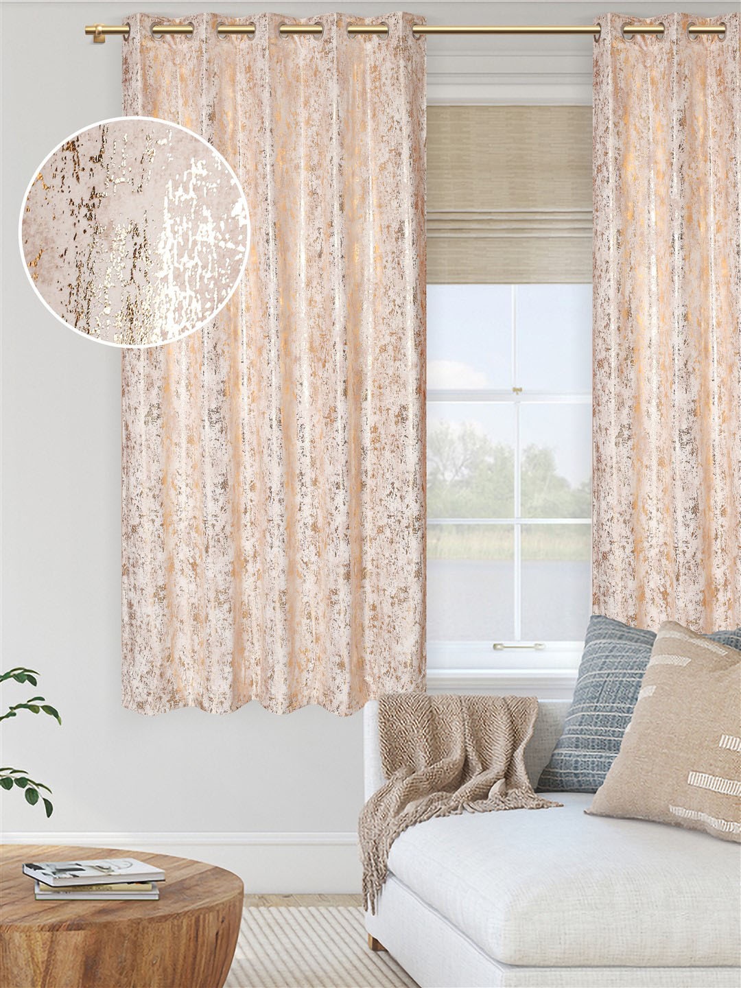 

DREAM WEAVERZ Cream-Coloured Printed Set of 2 Room Darkening Window Curtain