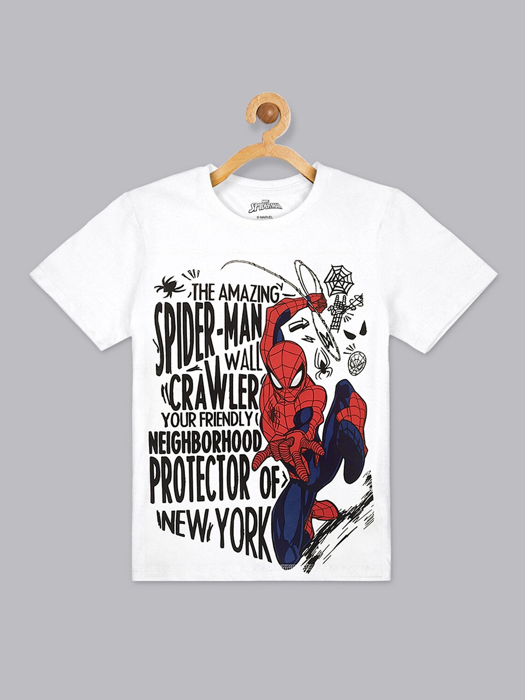 

Kids Ville Boys White & Black Spider-Man Printed Round Neck Cotton T-shirt