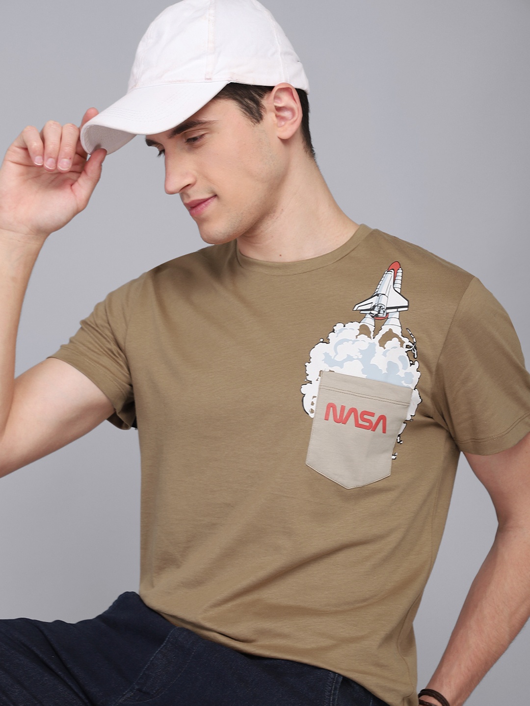 

Free Authority Men Beige NASA Printed Pockets T-shirt