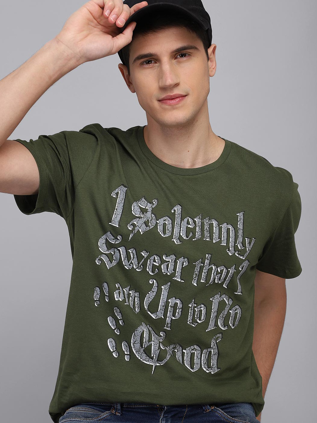 

Free Authority Men Green & Grey Harry Potter Printed Round Neck Cotton T-shirt