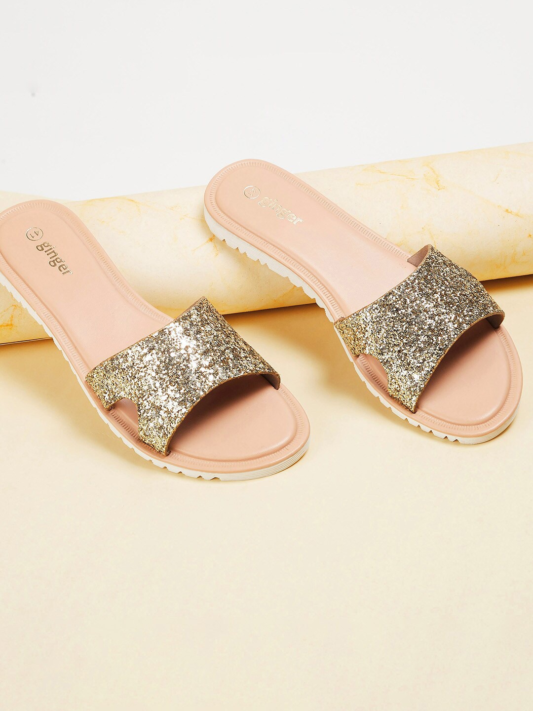 

Ginger by Lifestyle Women Gold-Toned Textured Open Toe Flats