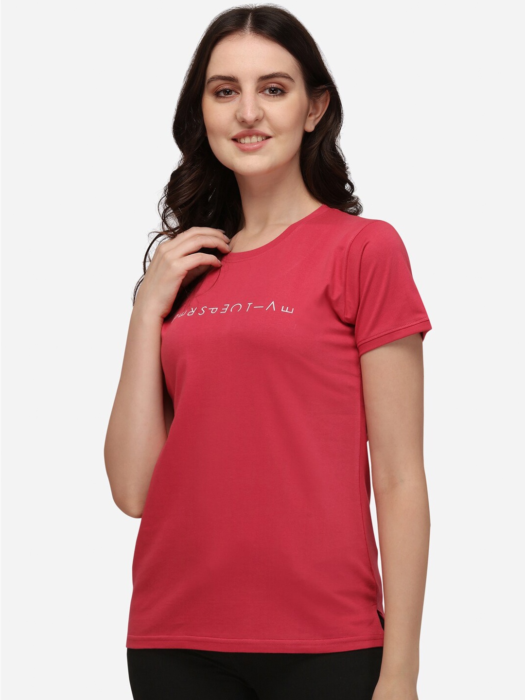 

Lenissa Women Red Typography Round Neck Bio Finish Outdoor Pure Cotton T-shirt