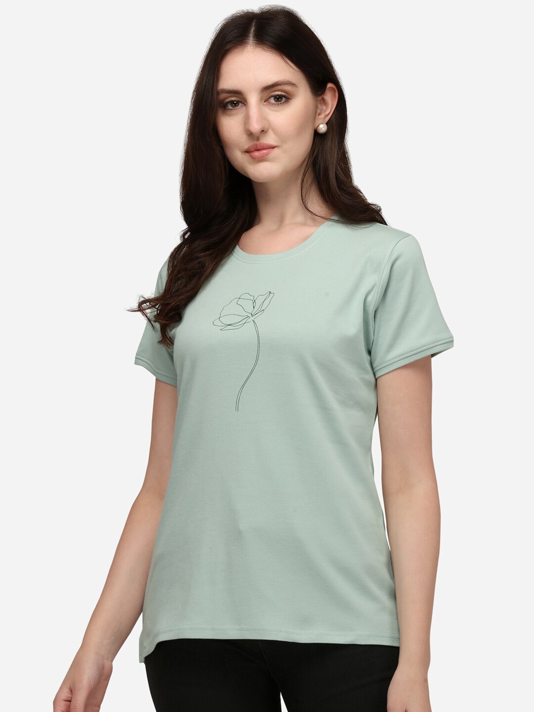 

Lenissa Women Sea Green Floral Printed Pure Cotton Bio Finish T-shirt