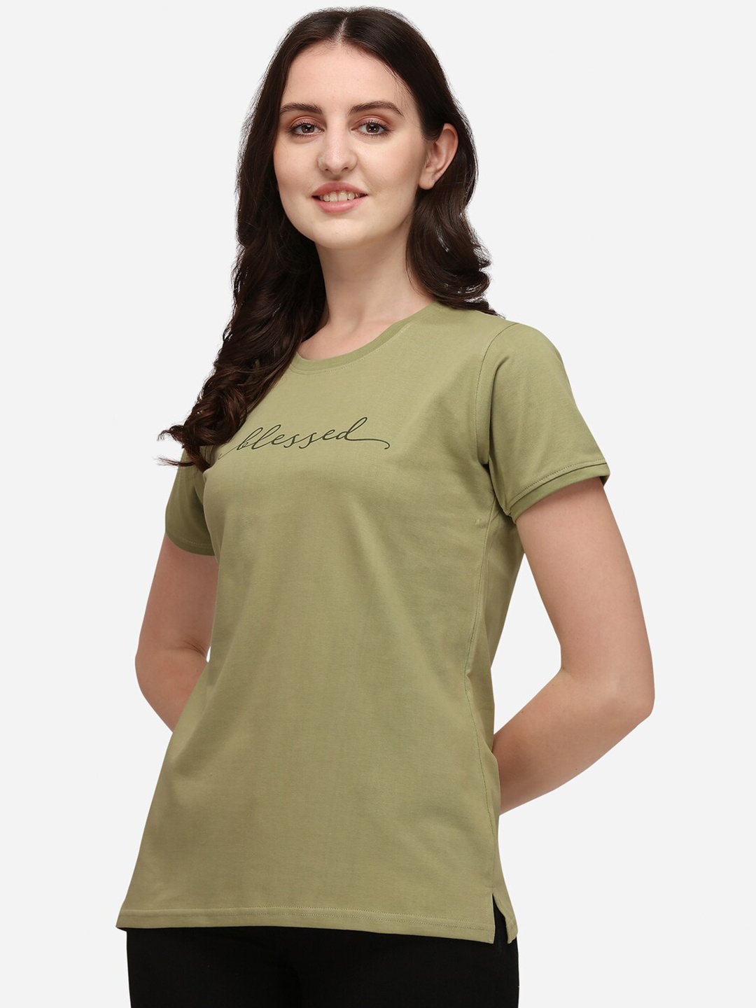 

Lenissa Women Olive Green Typography Pure Cotton Bio Finish T-shirt