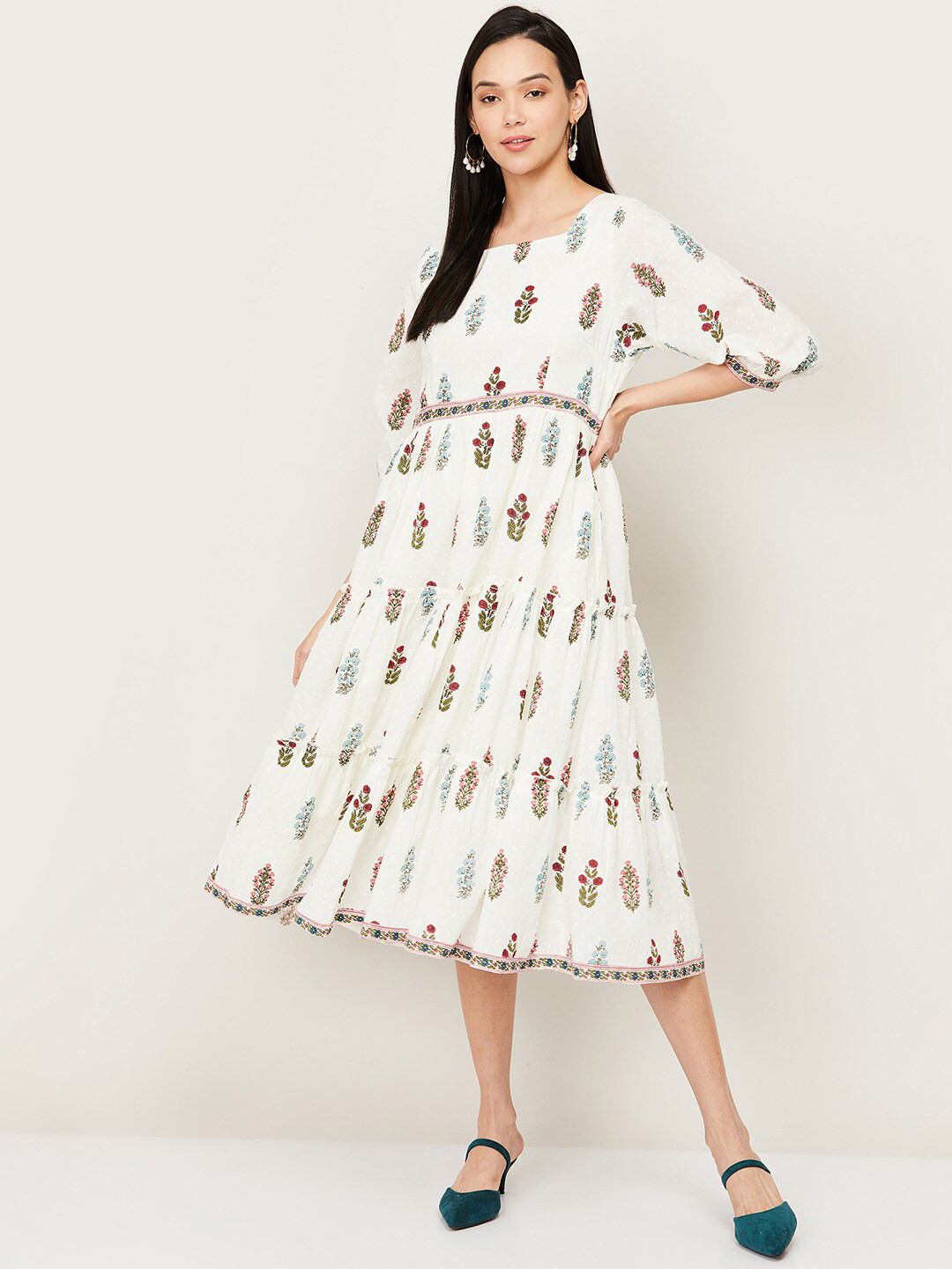 

Colour Me by Melange White Floral Printed Empire Midi Dress