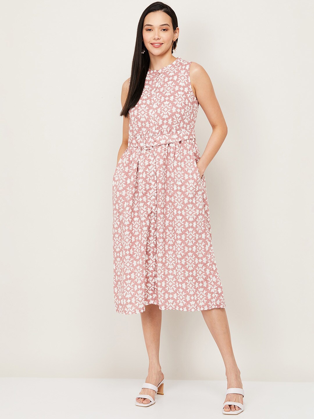 

Colour Me by Melange Beige Floral A-Line Cotton Midi Dress