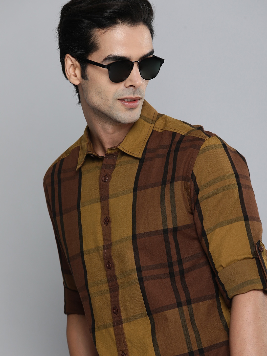 

HERE&NOW Men Olive Slim Fit Checked Pure Cotton Casual Shirt, Mustard