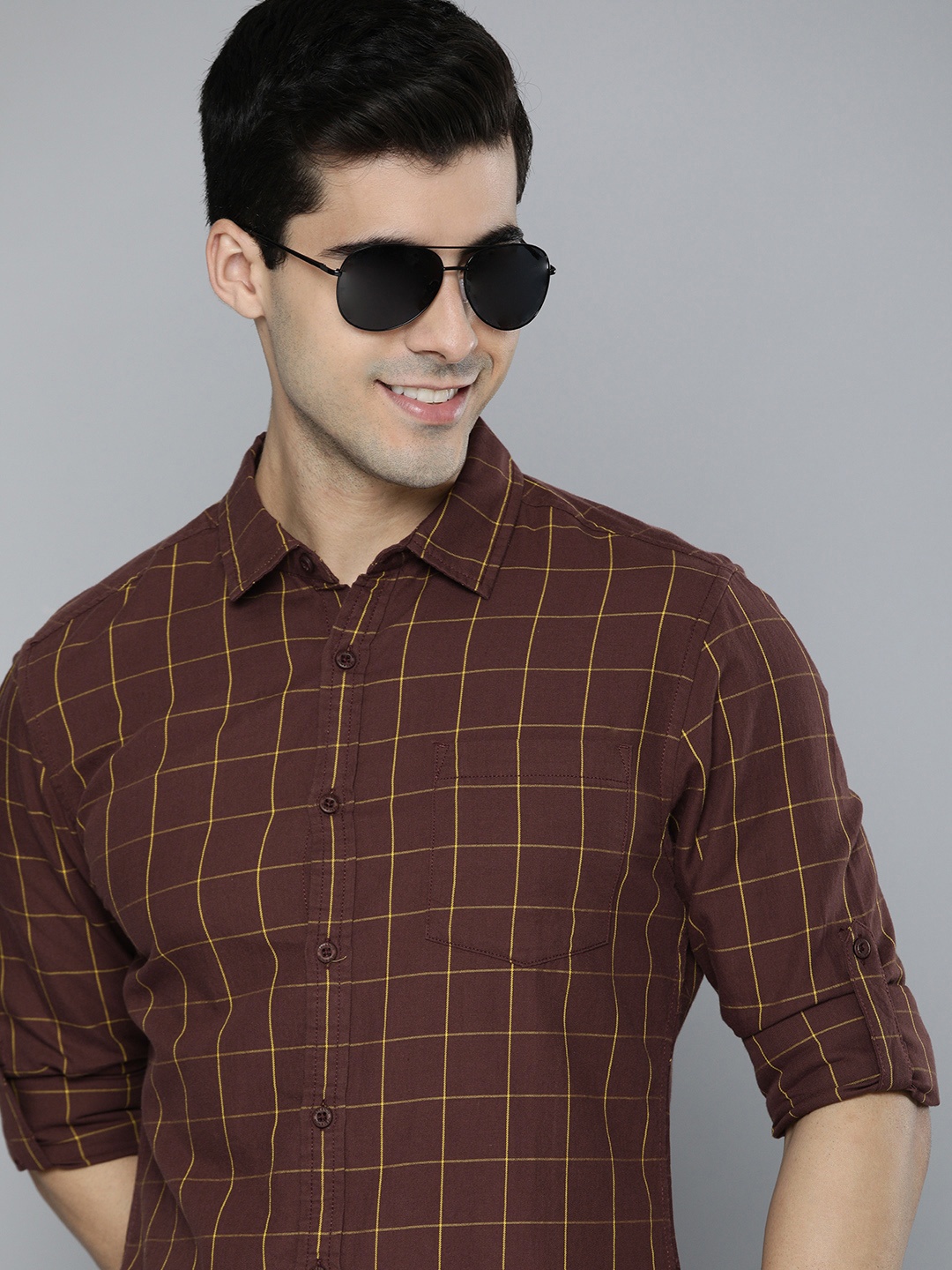 

HERE&NOW Men Brown & Yellow Windowpane Checks Slim Fit Casual Shirt