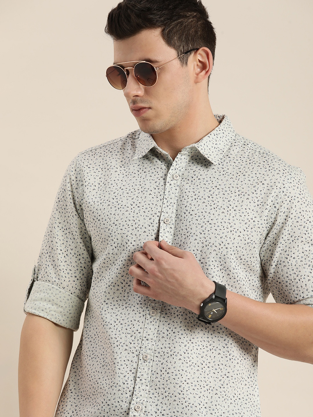 

Moda Rapido Men Grey & Blue Slim Fit Floral Printed Pure Cotton Casual Shirt