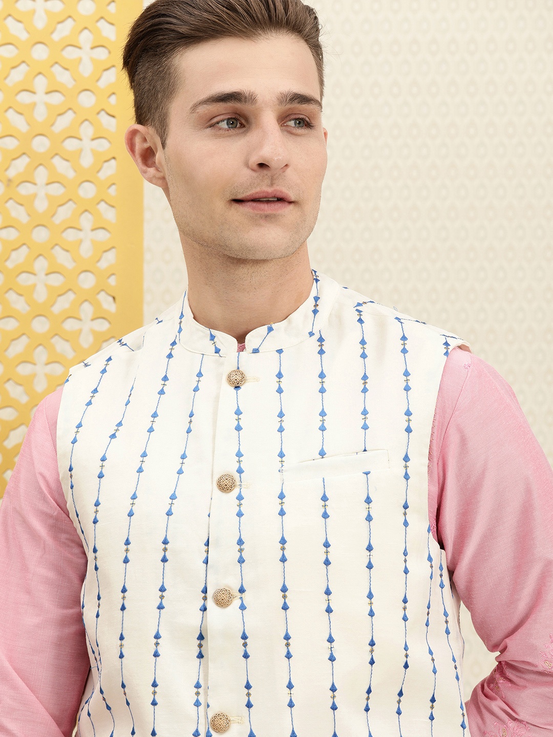 

House of Pataudi Men White & Blue Sequined and Embroidered Jashn Nehru Jacket
