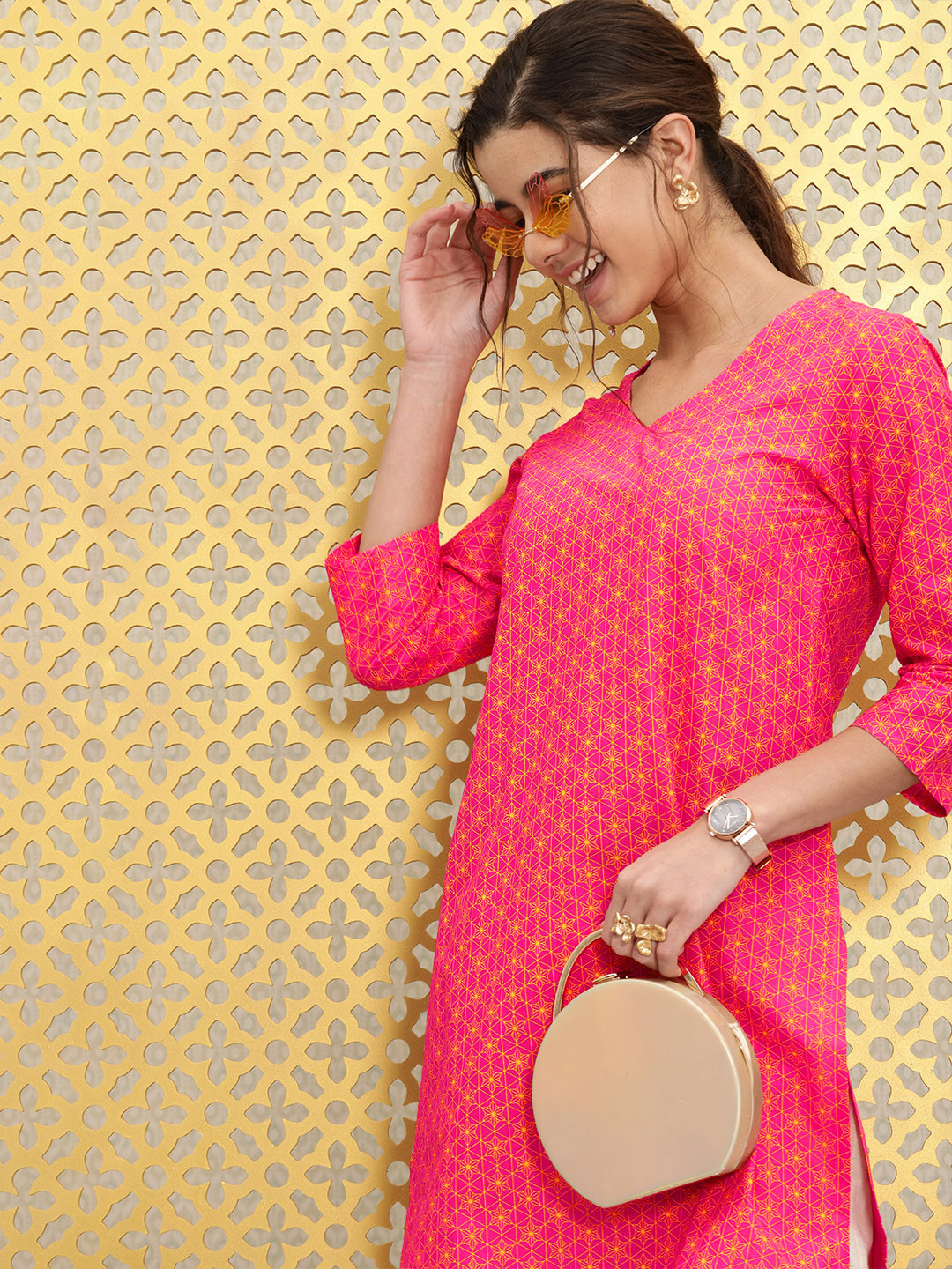

Ode by House of Pataudi Women Pink & Yellow Printed Rozana Kurta