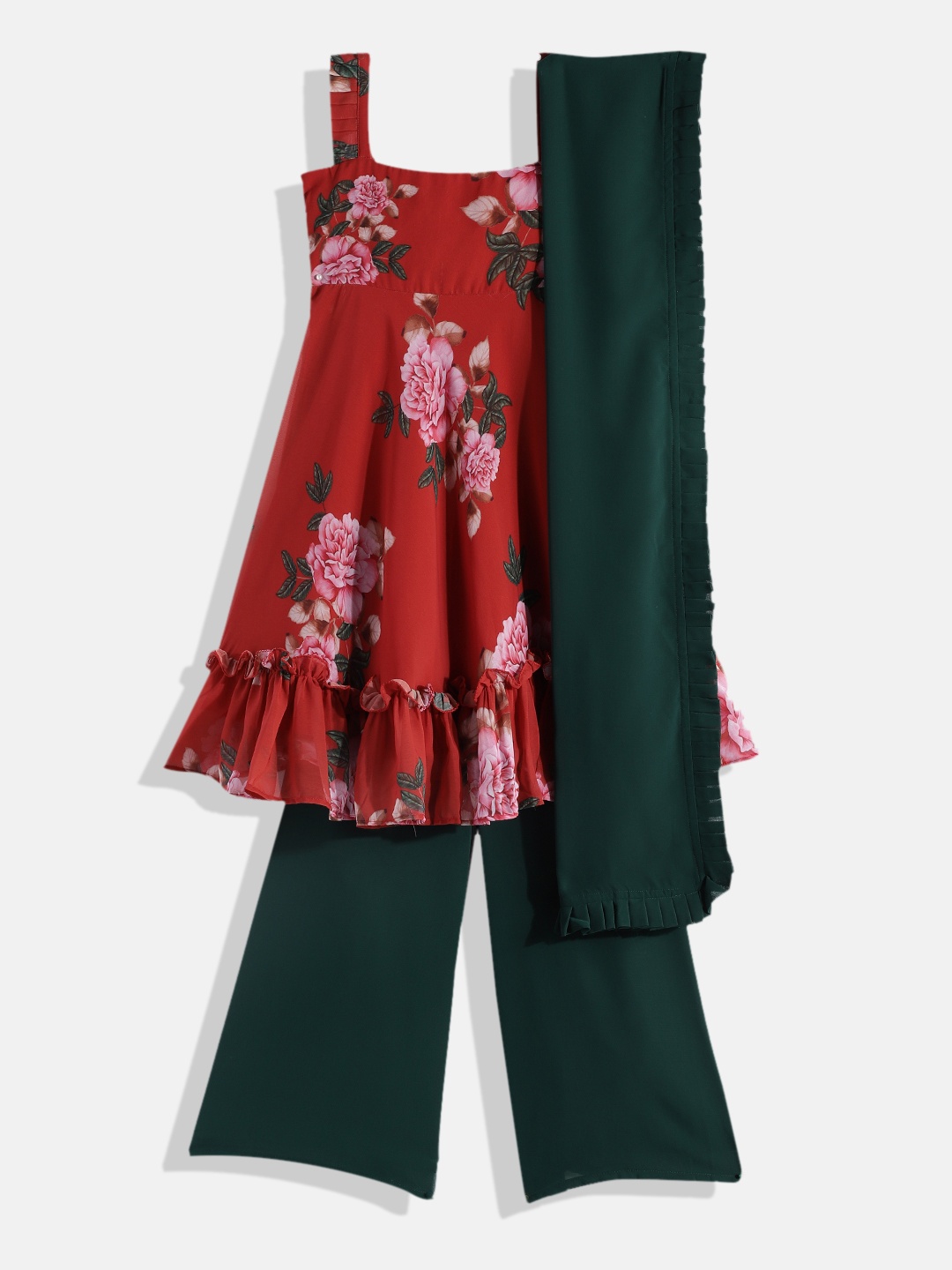 

Ethnovog Girls Maroon Green Floral Print Made to Measure Kurta Palazzos Dupatta