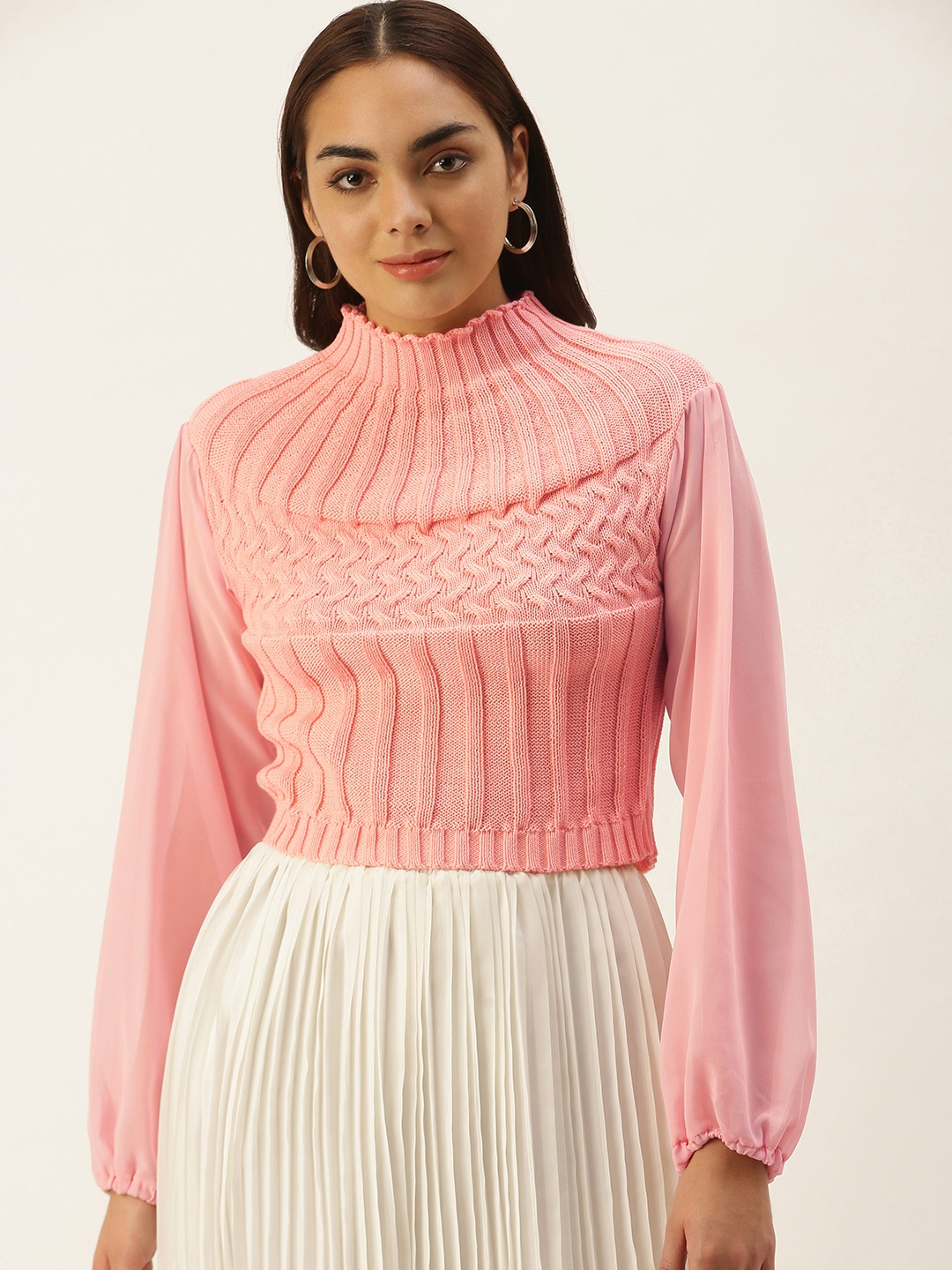 

SHECZZAR Women Pink Cable Knit Pullover with Puff Sleeves
