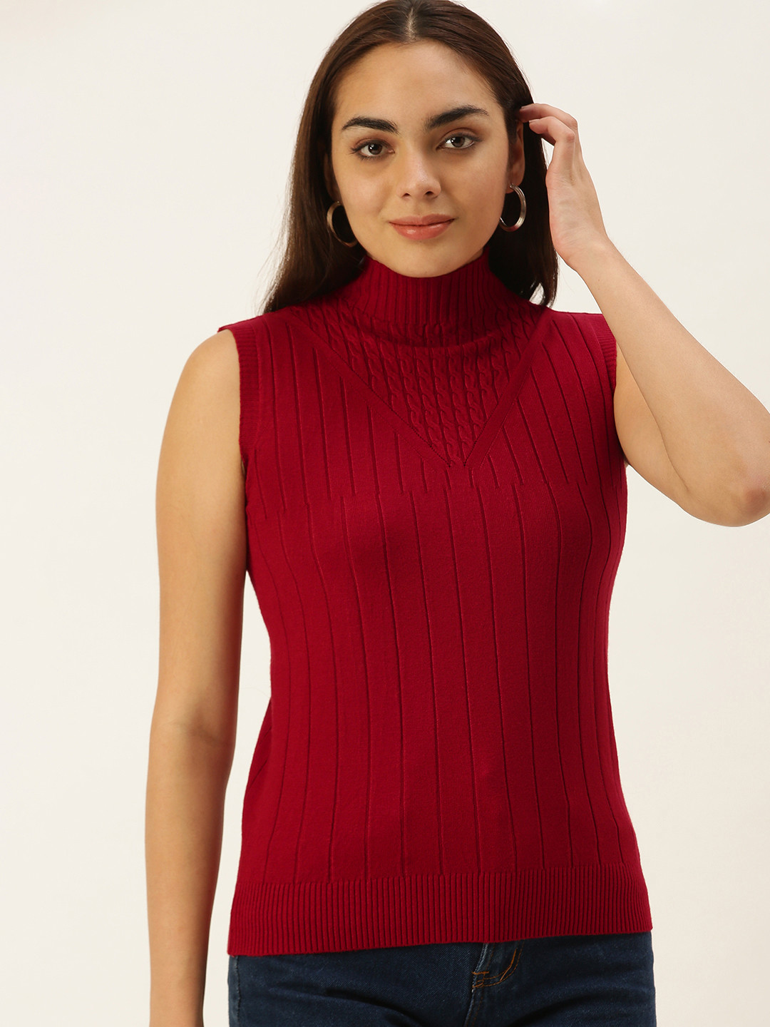 

SHECZZAR Women Red Cable Knit Sleeveless Pullover