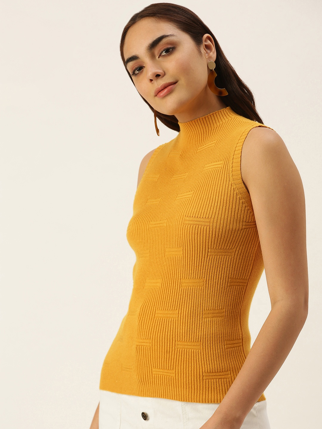 

SHECZZAR Women Mustard Yellow Ribbed Sleeveless Pullover