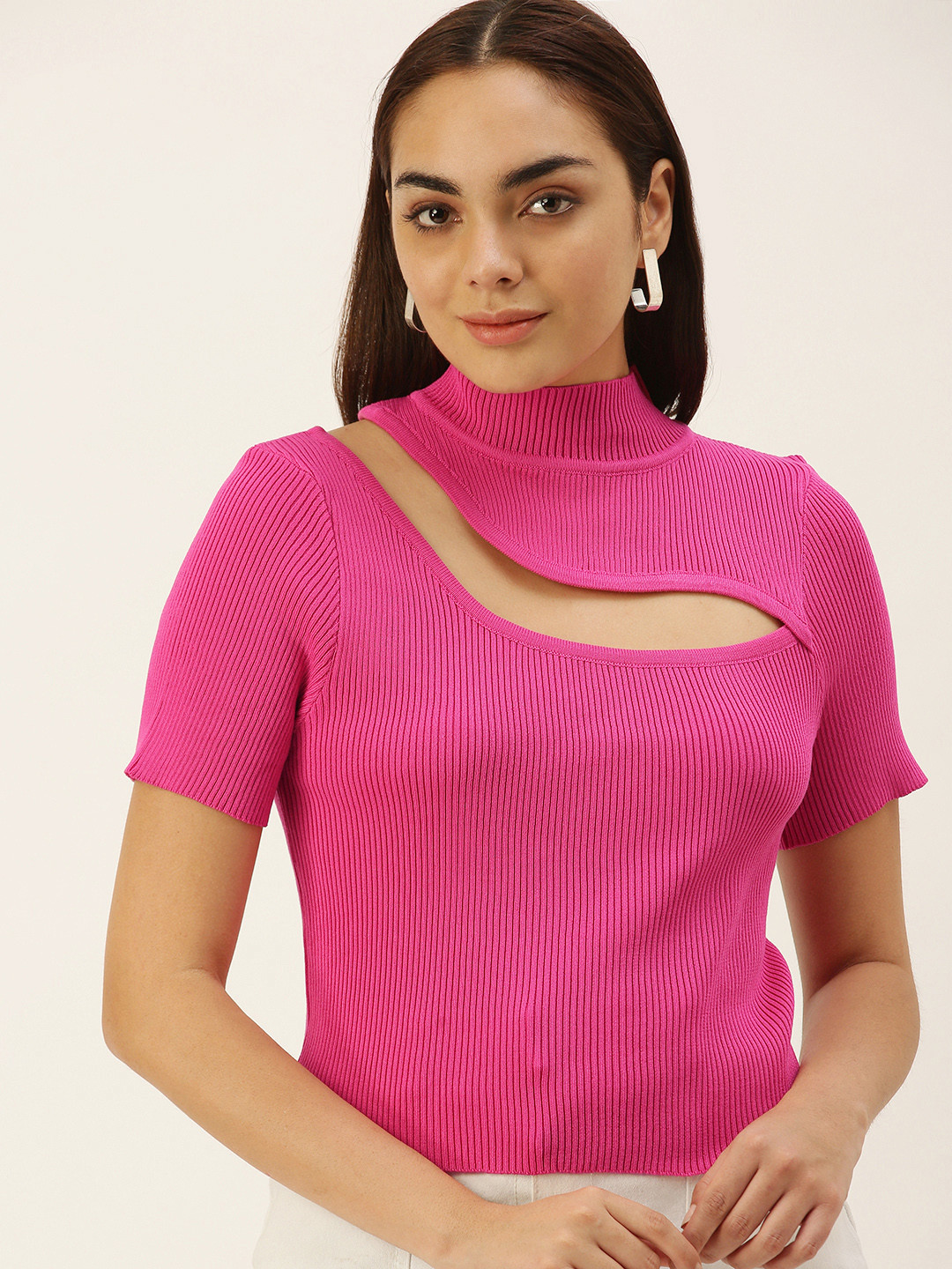 

SHECZZAR Women Fuchsia Ribbed Pullover with Cut Out Detail