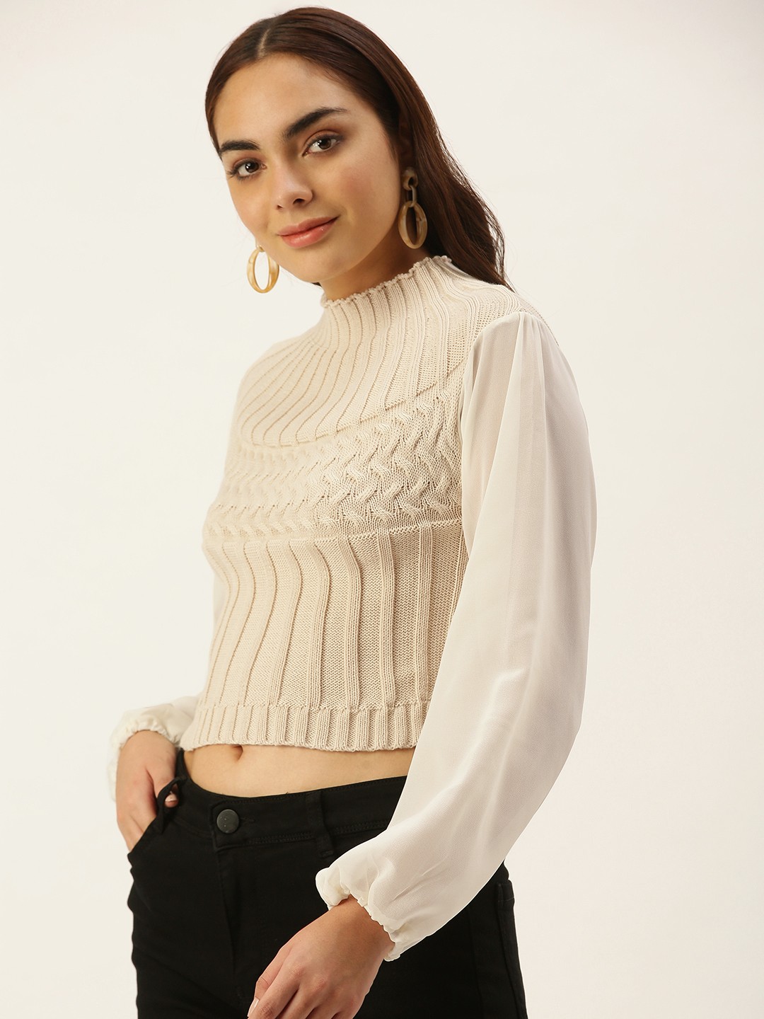 

SHECZZAR Women Off-White Cable Knit Crop Pullover with Puff Sleeves