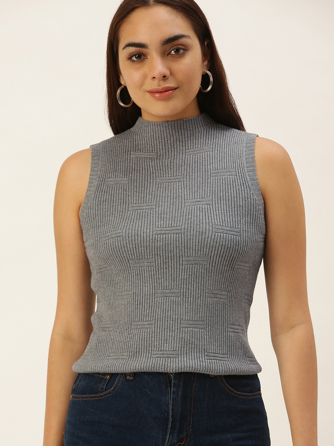 

SHECZZAR Women Grey Ribbed Sleeveless Pullover