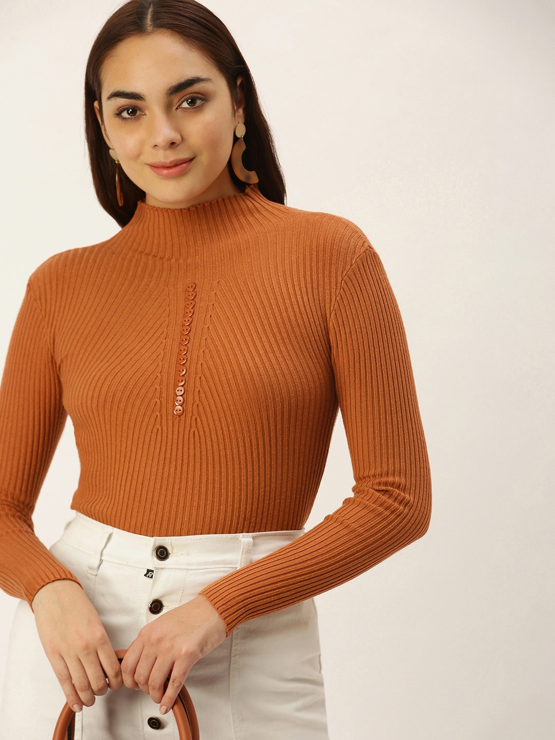 

SHECZZAR Women Brown Ribbed Pullover with Button Detail