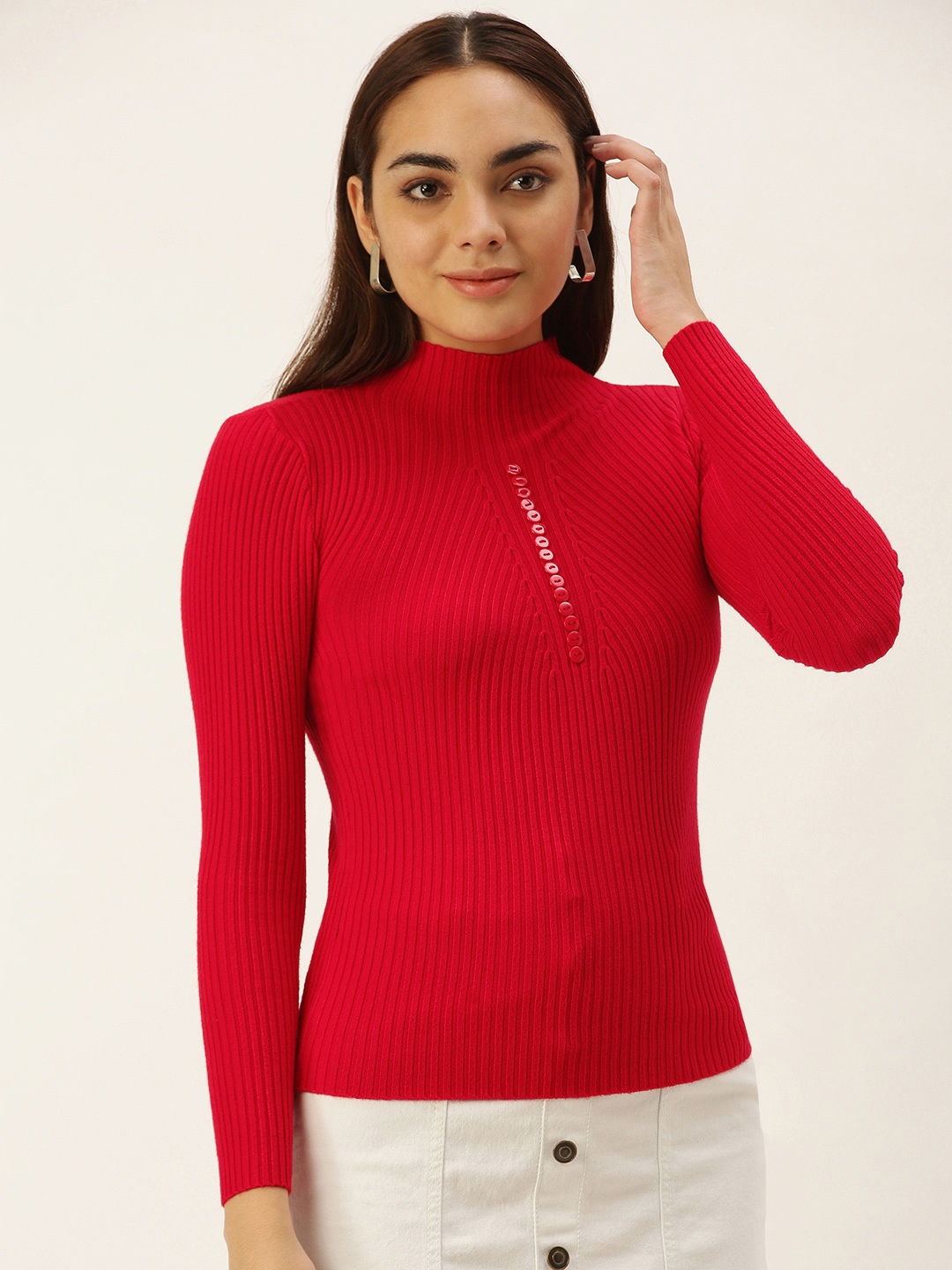 

SHECZZAR Women Red Ribbed Pullover with Button Detail