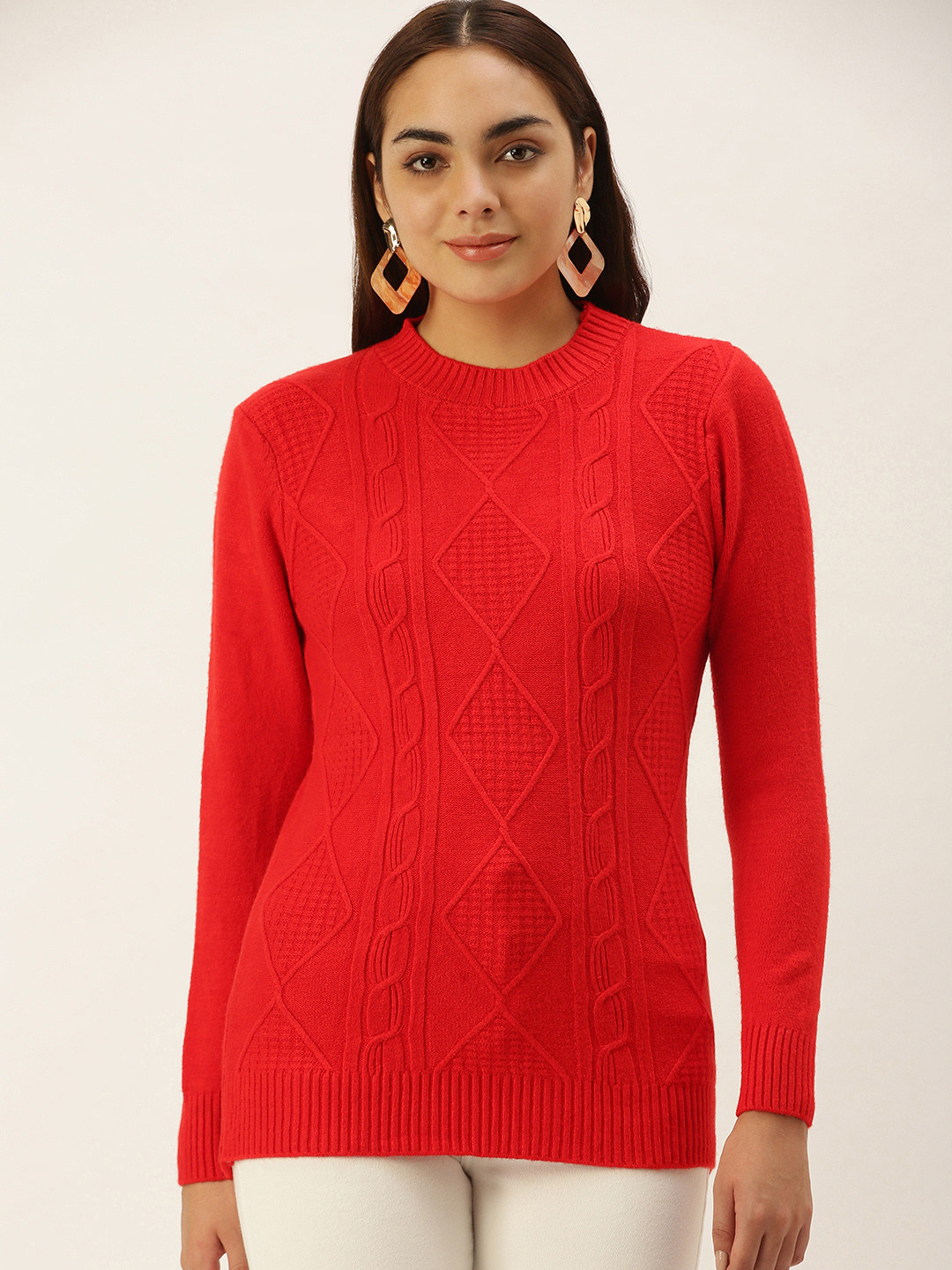 

SHECZZAR Women Red Cable Knit Pullover