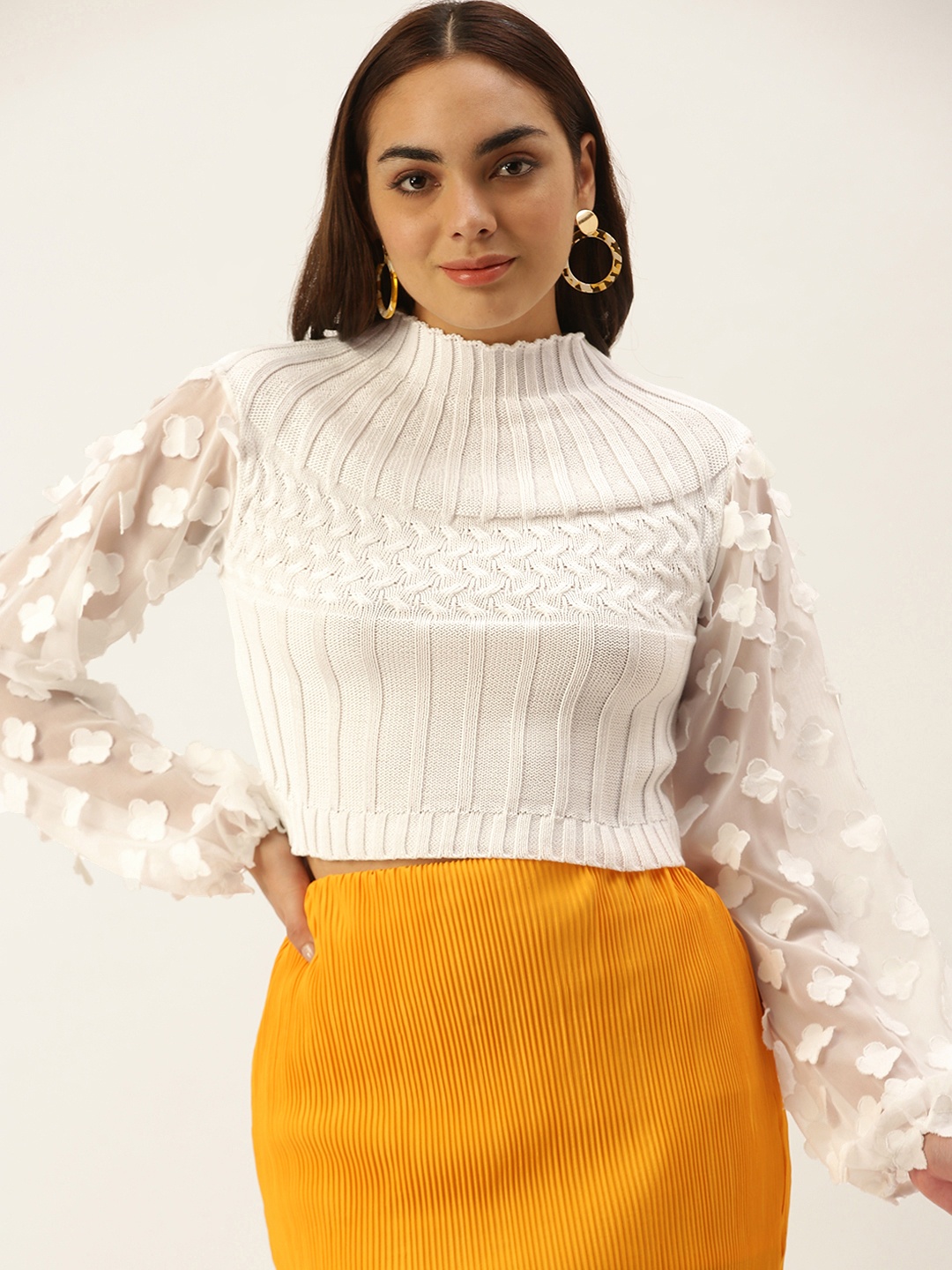 

SHECZZAR Women White Cable Knit Crop Pullover with Floral Embellished Detail