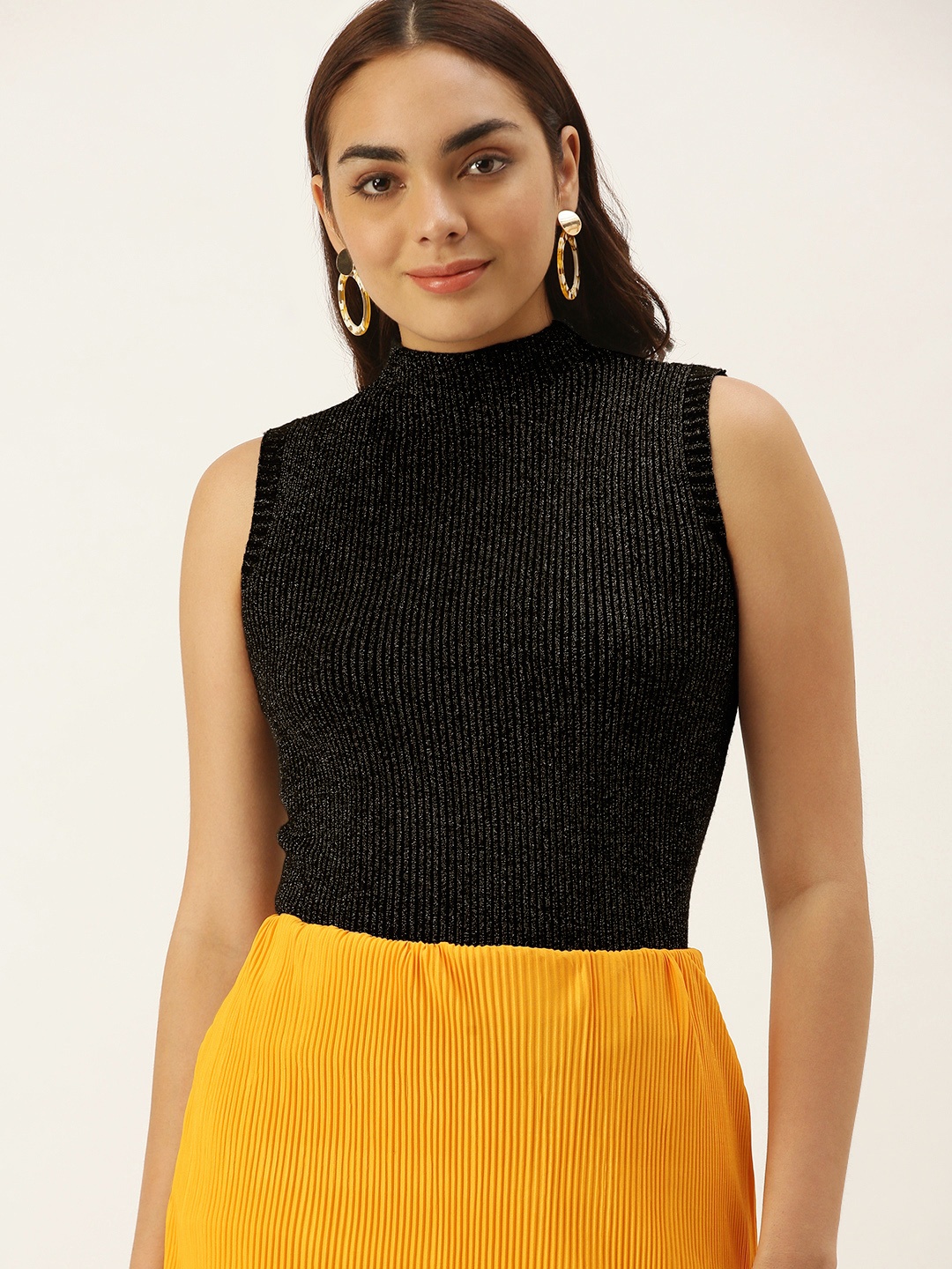 

SHECZZAR Women Black & White Shimmery Ribbed Sleeveless Pullover