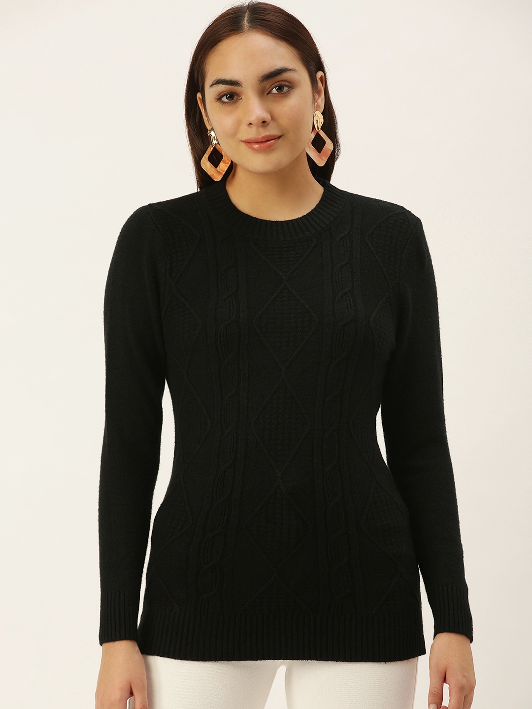 

SHECZZAR Women Black Cable Knit Pullover