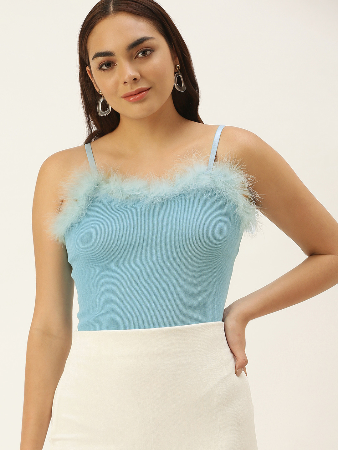 

SHECZZAR Women Blue Ribbed Design Top