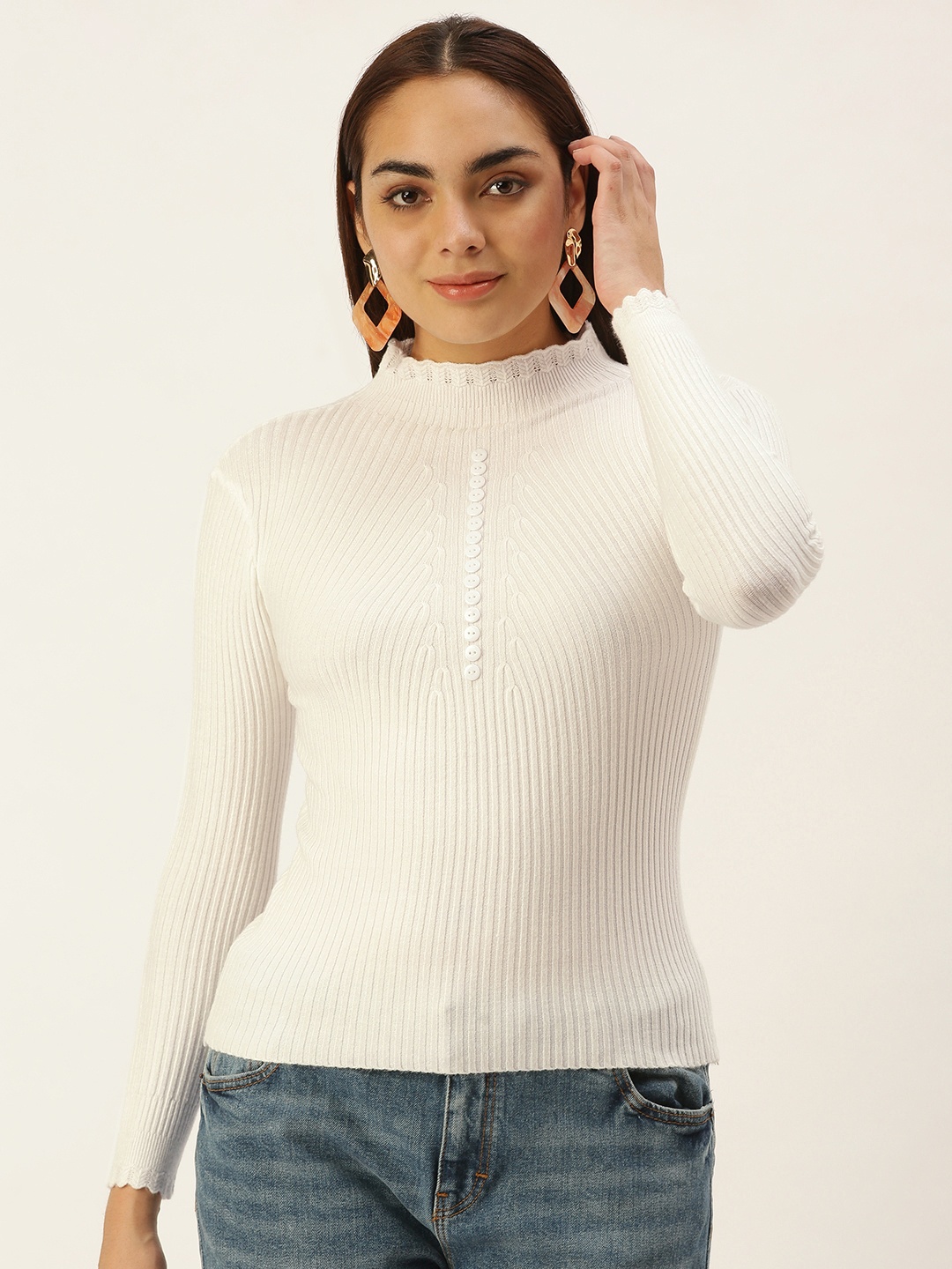 

SHECZZAR Women White Ribbed Pullover with Button Detail