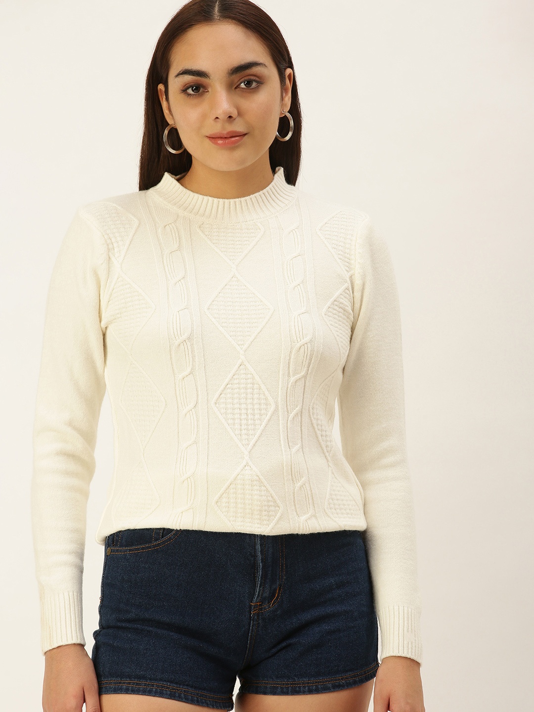 

SHECZZAR Women White Cable Knit Pullover