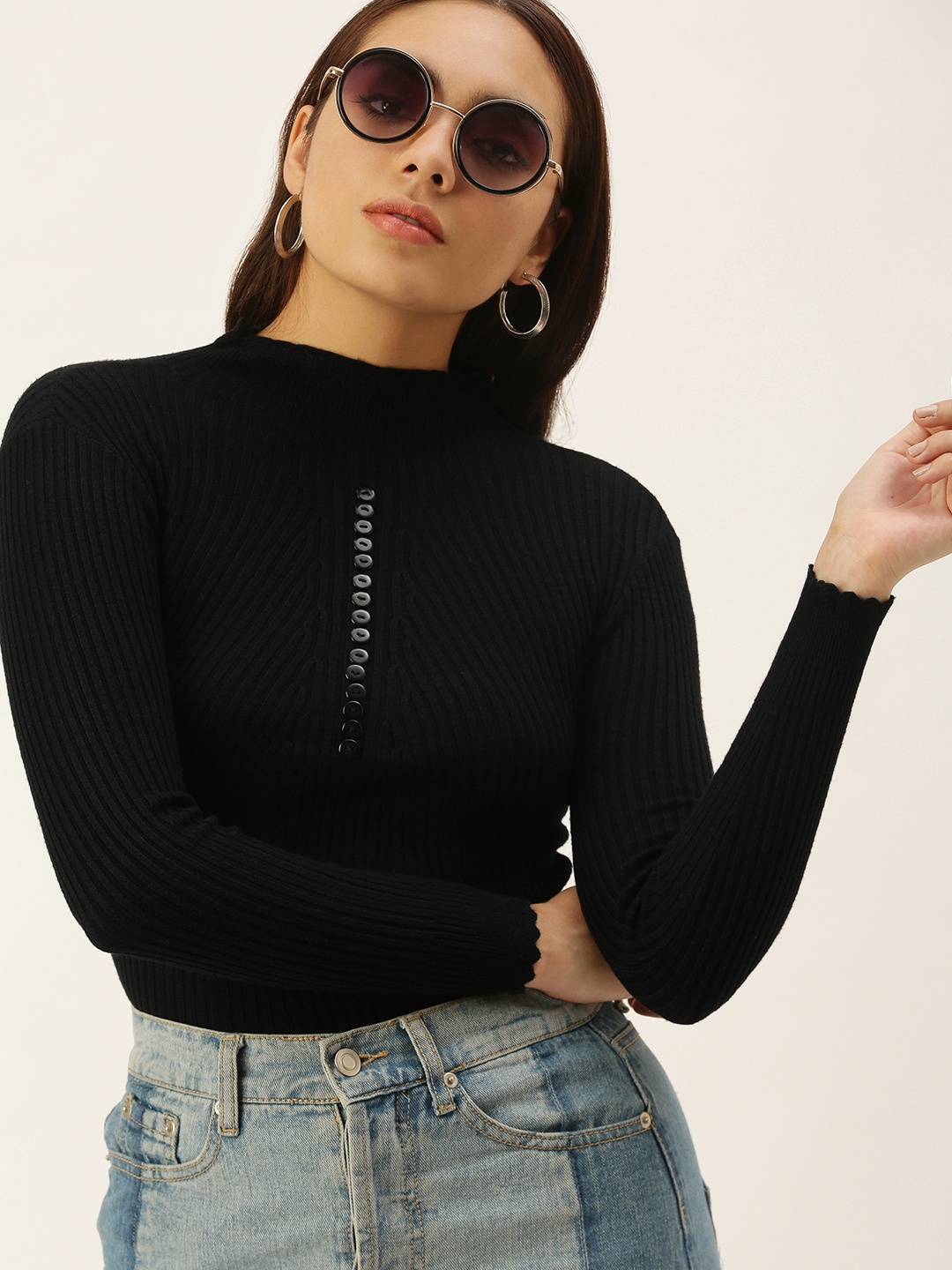 

SHECZZAR Women Black Ribbed Pullover with Button Detail