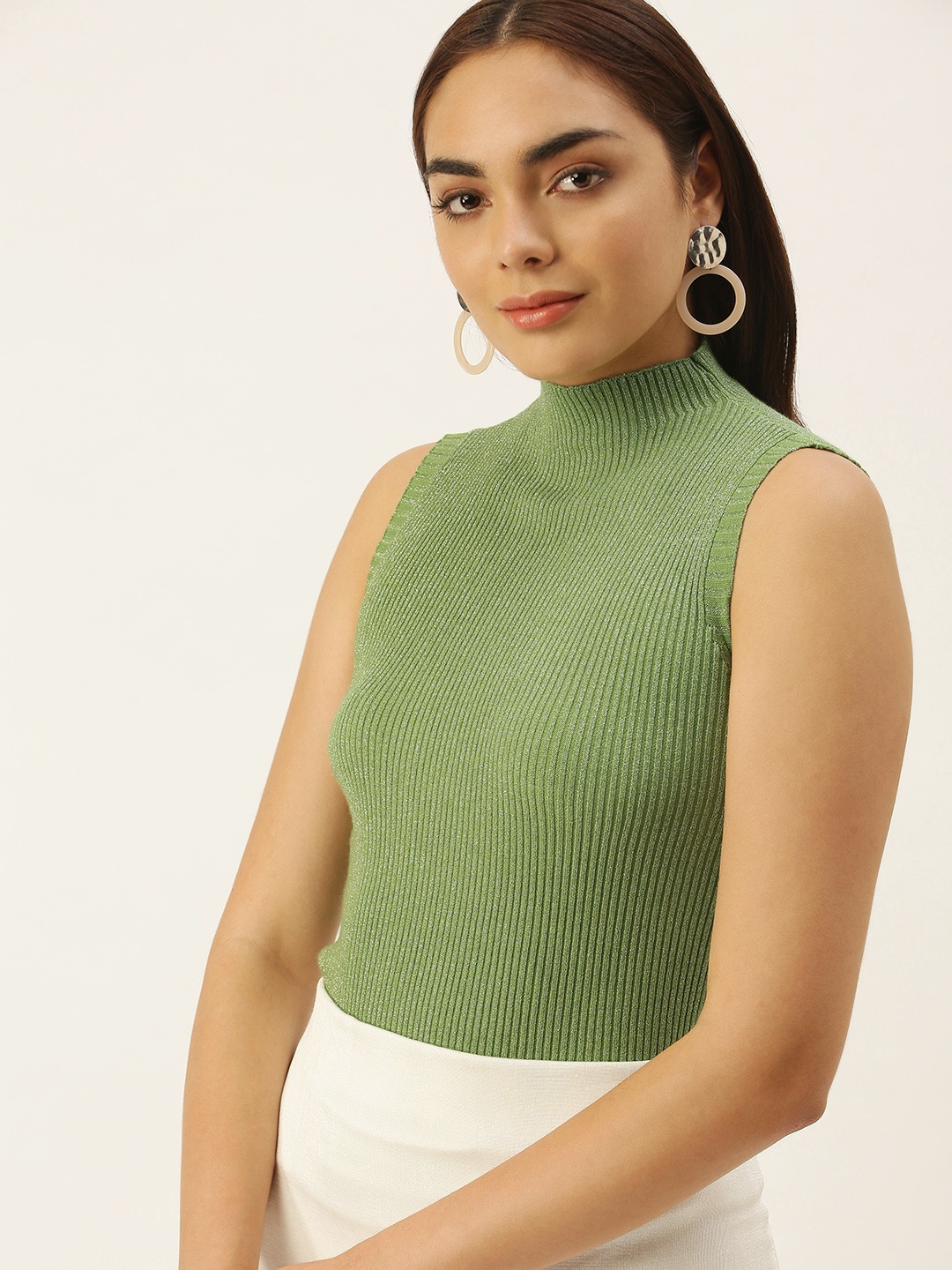 

SHECZZAR Women Green Ribbed Sleeveless Pullover