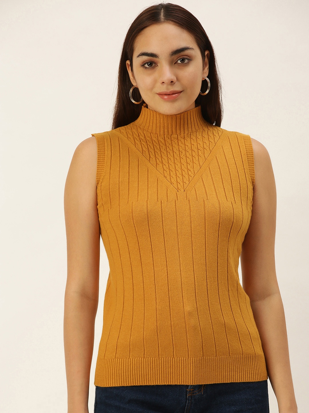 

SHECZZAR Women Mustard Yellow Cable Knit Sleeveless Pullover