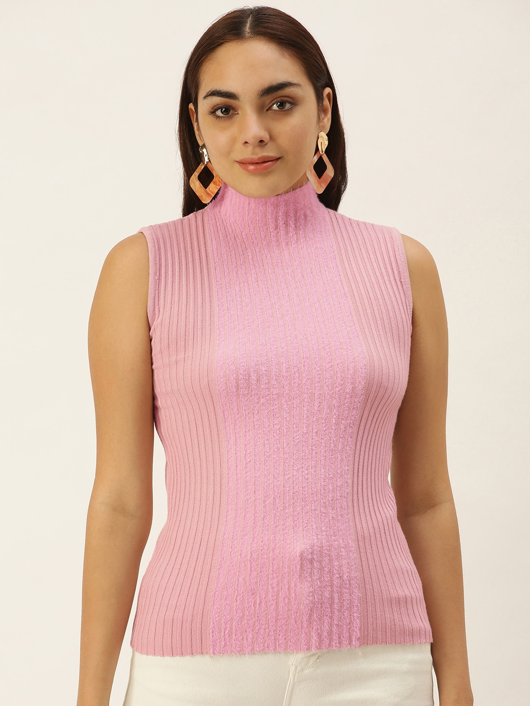 

SHECZZAR Women Pink Ribbed Colourblocked Sleeveless Pullover
