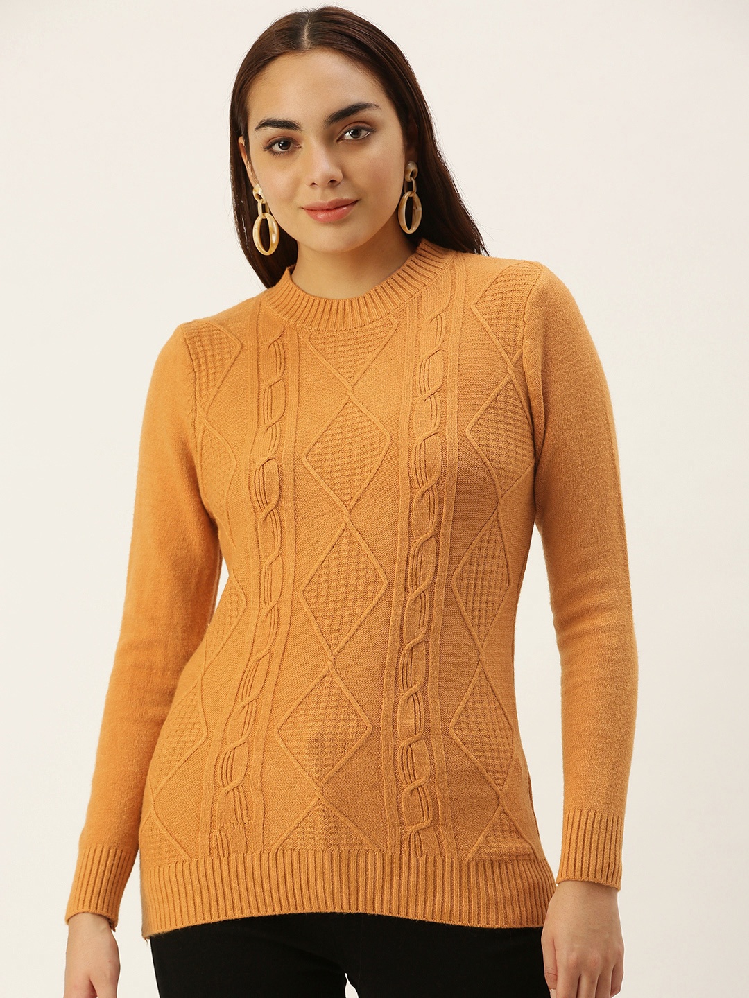 

SHECZZAR Women Mustard Yellow Cable Knit Pullover
