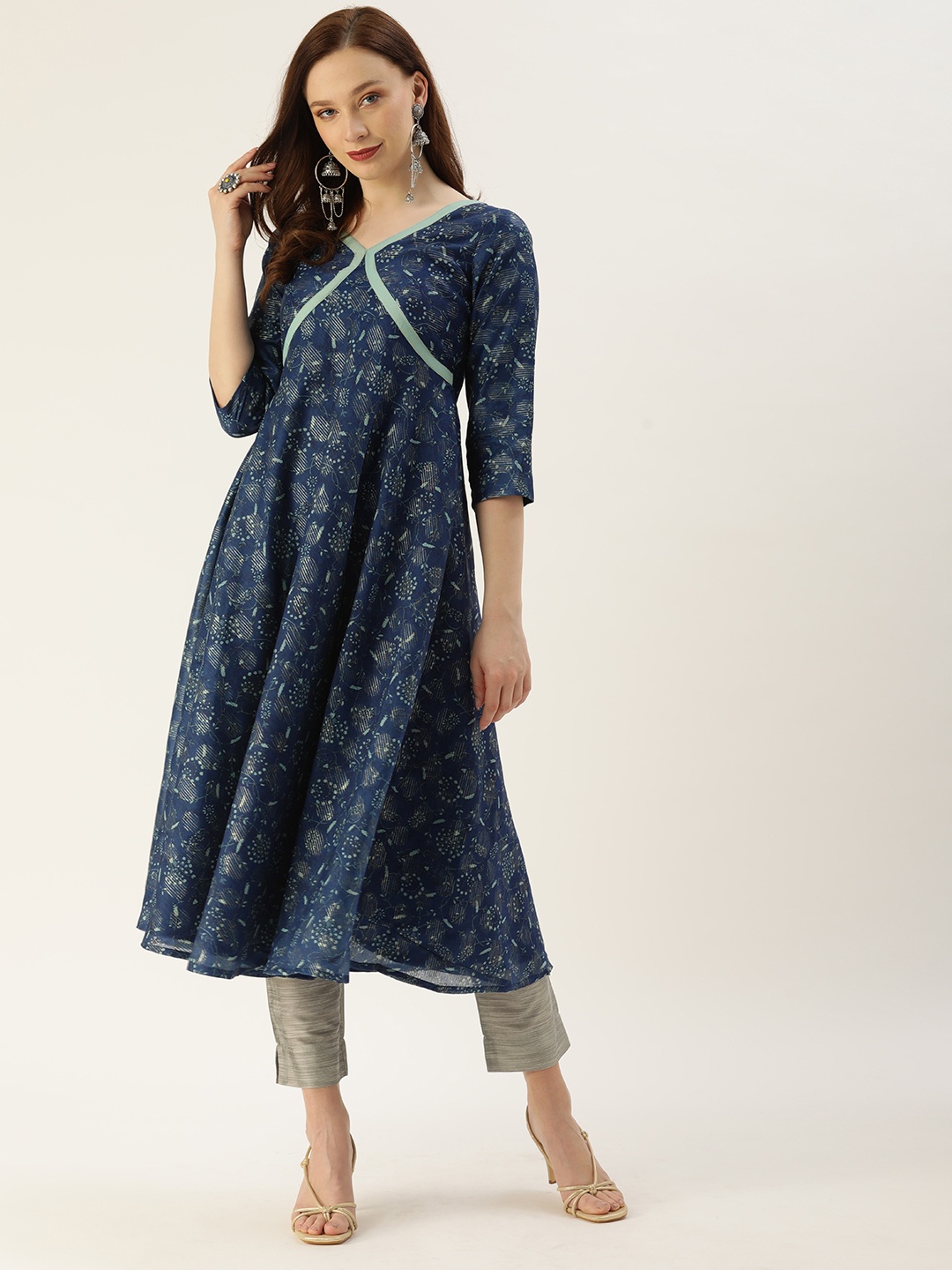 

Ethnovog Women Navy Blue Ethnic Motifs Print Made To Measure A-Line Kurta
