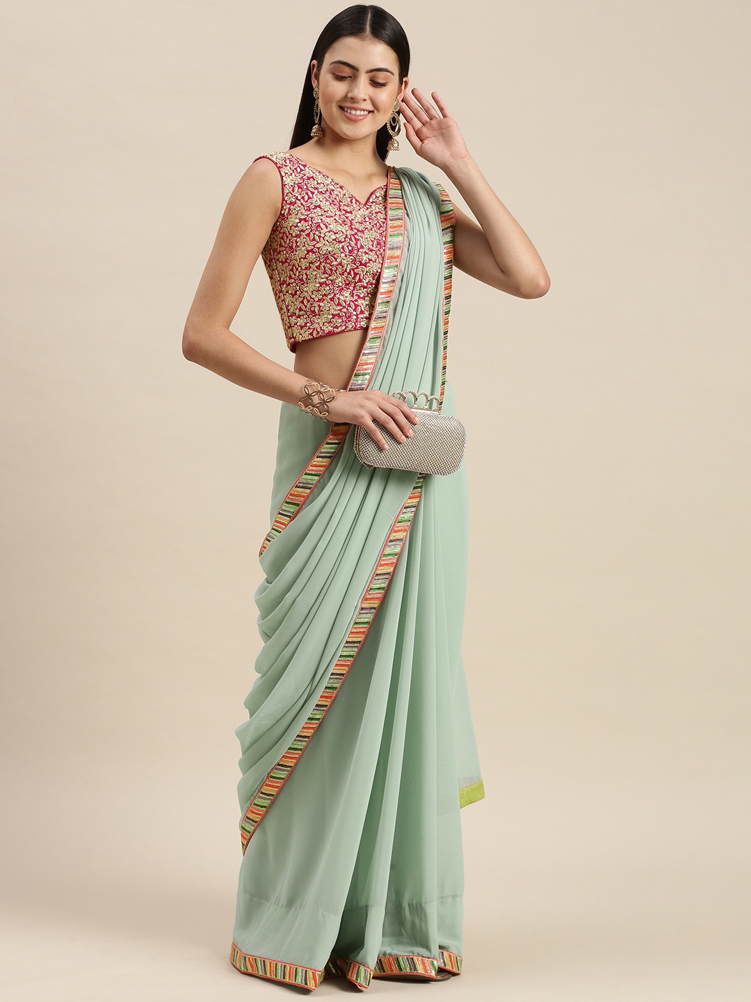 

Ethnovog Floral Embroidered Sequinned Saree With Stitched Blouse, Pink