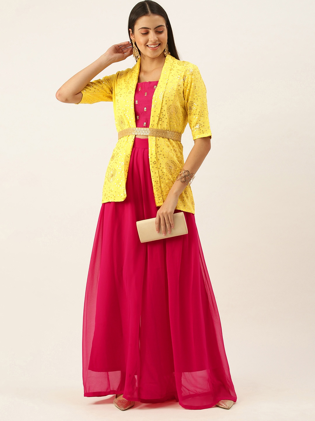 

Ethnovog Made To Measure Pink Yellow Sequined Co-ord Set Ehnic jacket Belt