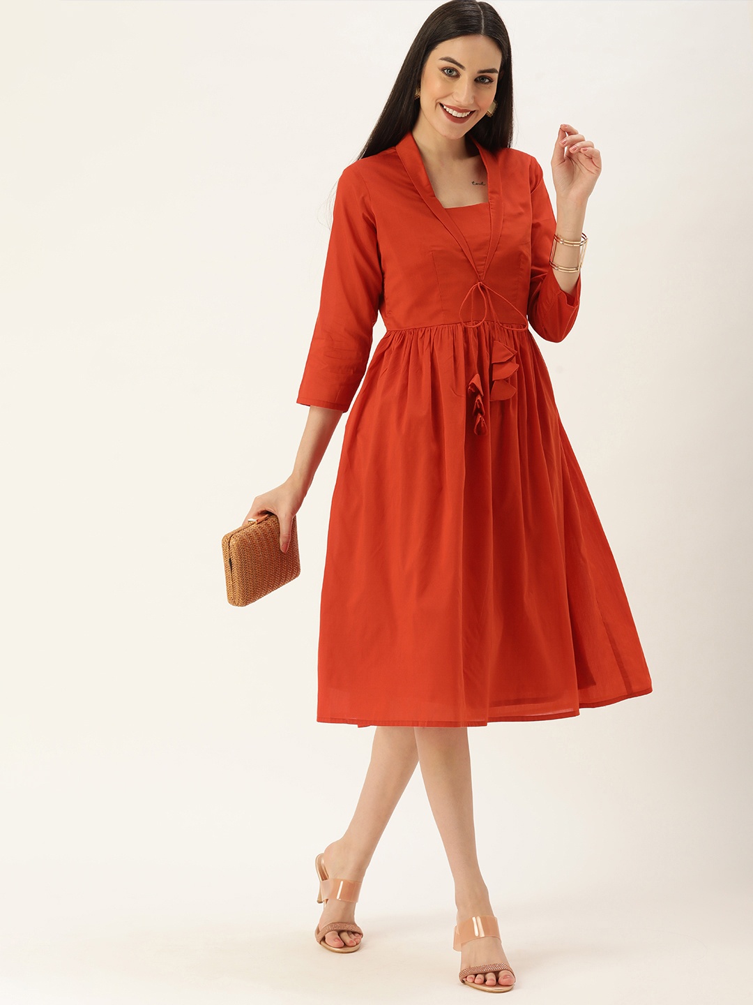 

Ethnovog Brown TENCEL Collar Neck Dress