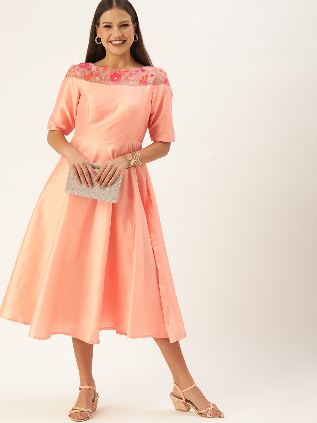 

Ethnovog Peach-Coloured Embroidered Midi Dress